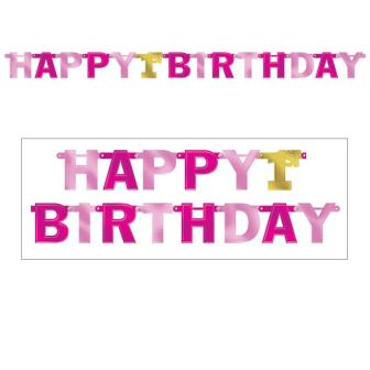 Buchstaben-Girlande "Happy first Birthday" 2,13 m-rosa