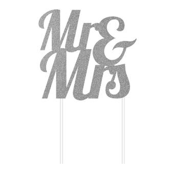 Glimmer-Kuchendeko "Mr & Mrs"-silber