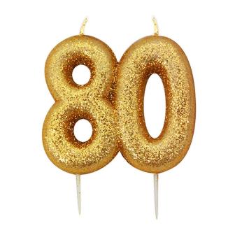 Glitzernde Zahlenkerze "Goldene 80" 9 cm 