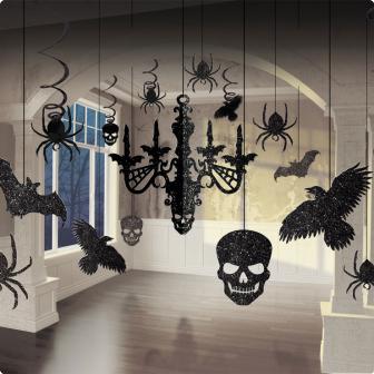 Halloween Deckenhänger-Set Schwarz-Glitzer 17-tlg.