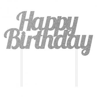 Tortenstecker "Happy Birthday" -silber