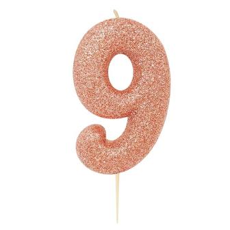 Zahlenkerze "Glitzer in Roségold" 7 cm-9