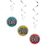 Holographische Wirbel-Deckenhänger "40. Geburtstag" 3er Pack